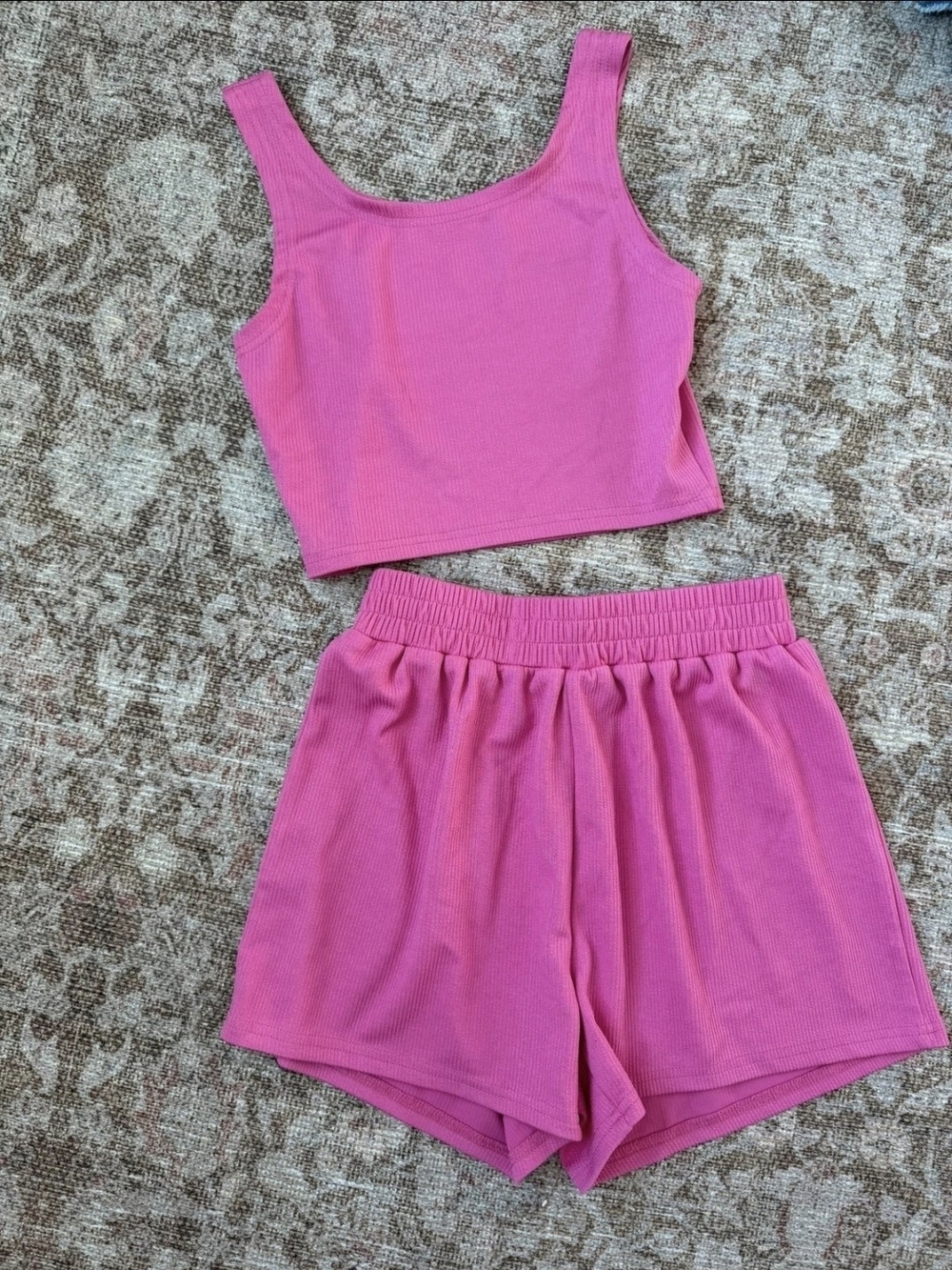Bright Pink Ribbed Cropped Tank and Elastic Waist Shorts Set